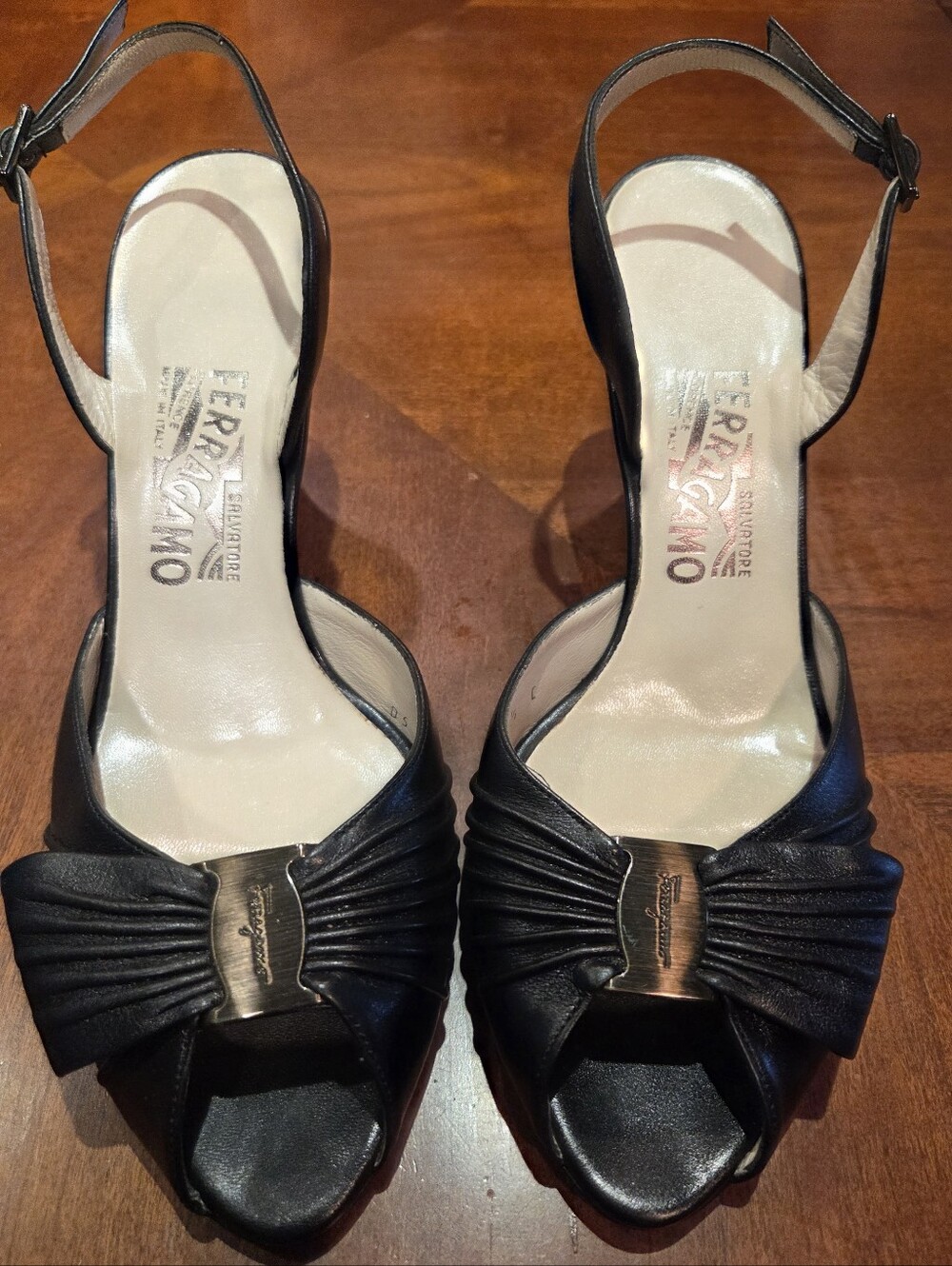 Salvatore Ferragamo Black Leather Peep-Toe Slingback Heels with Bow Detail